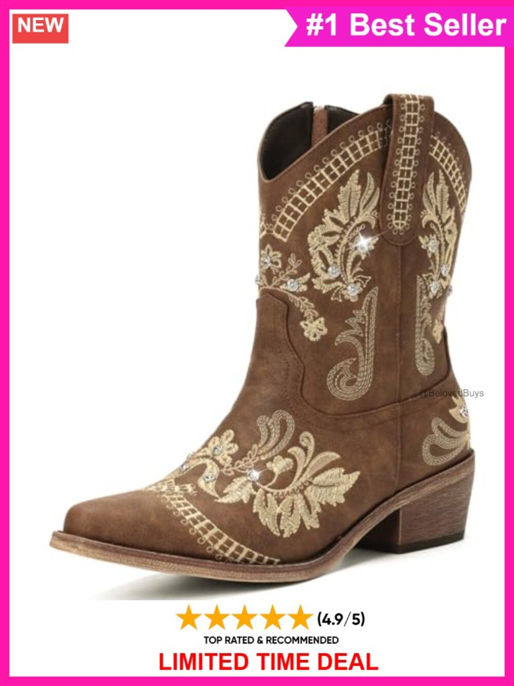 Western Embroidered Pointed Toe Chunky Heel Ankle Bootie